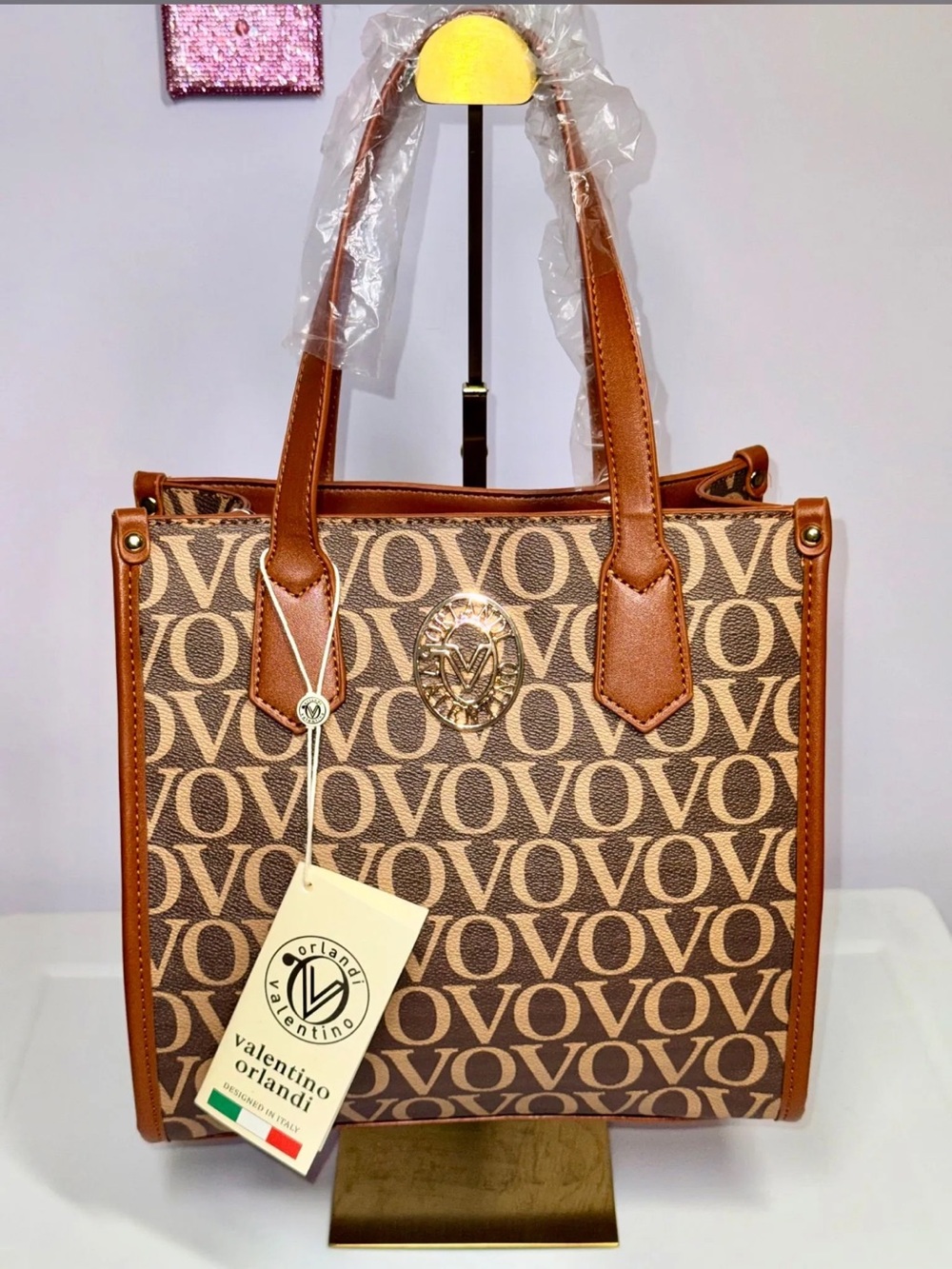 Valentino Orlandi Brown and Tan Monogram Tote